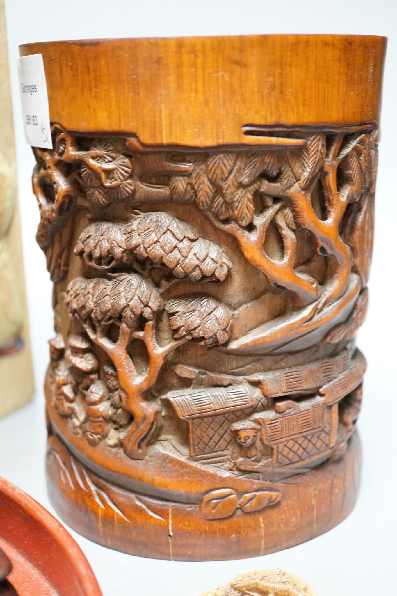 A Chinese applique work panel, a bamboo brushpot, 18cm, lacquer tray, inlaid boxwood table screen, covered box and two carvings